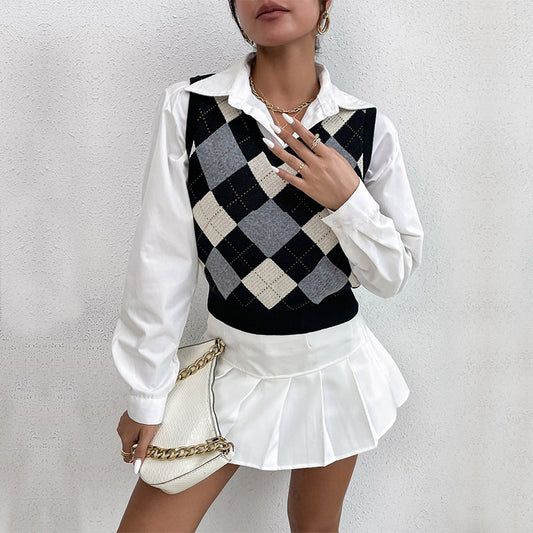 Early Autumn New Women's College Style Short Knitted Diamond Check Color Sweater Vest