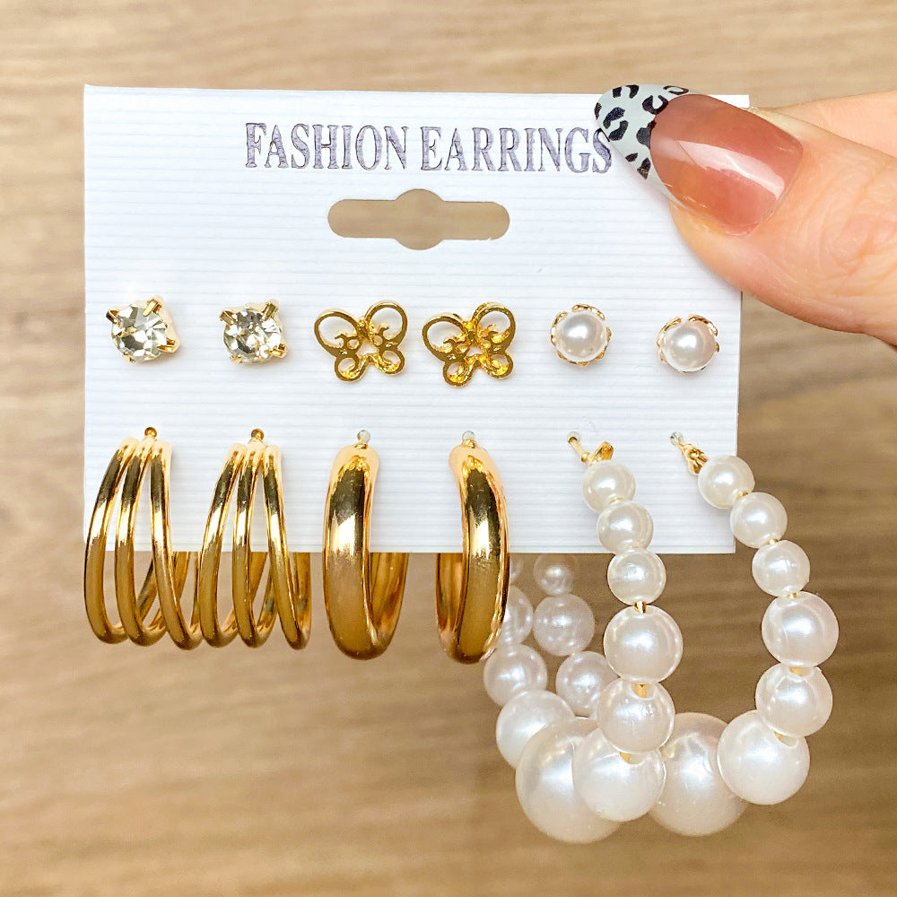 5 Sets New Pearl Earrings Set for Women Retro Metal Geometric C-Shaped 5 pairs Earrings
