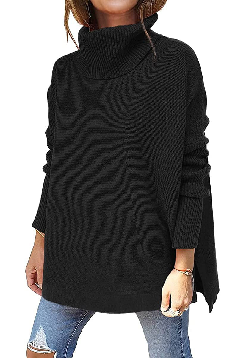 New Women's Turtleneck Oversized Sweater Mid-Length Batwing Sleeve Slit Hem Tunic Jumper