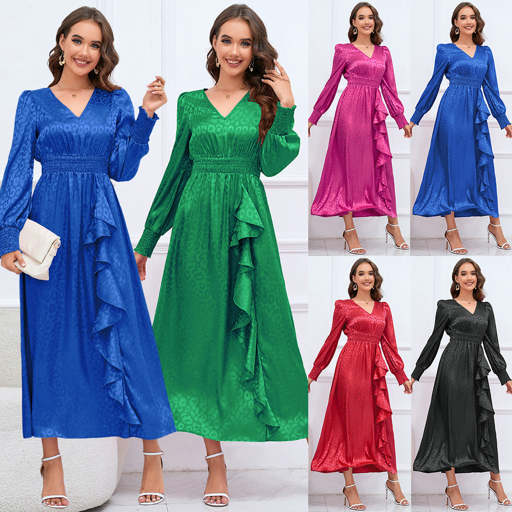 Women's Dress Autumn And Winter V-Neck Long Sleeve Leopard Dress Big Size