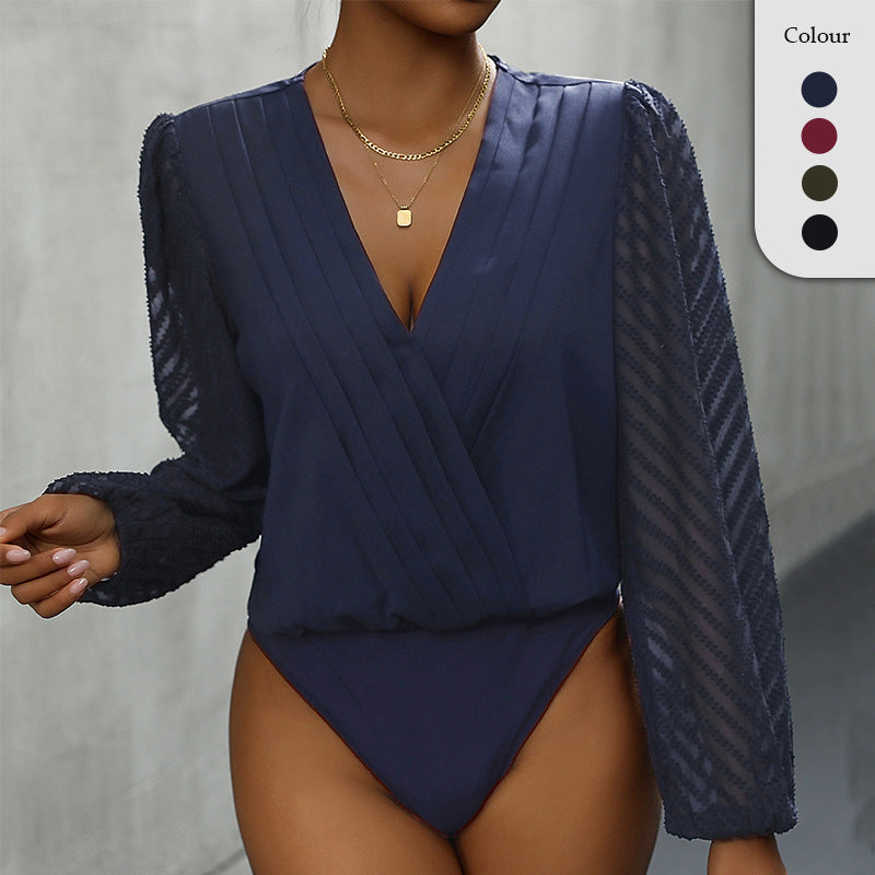 Spring Splicing Top Long Sleeve Mesh Commuter See-Through Pullover Blouse Woman