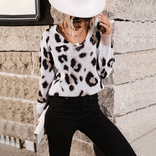 Autumn & Winter Stylish Women's Long-Sleeved Leopard V-Neck Sweater