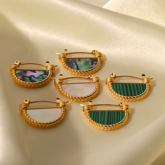 5pcs Niche Retro Natural Magic Color Abalone Shell/White Fritillaria/Green Peacock Stone Fan-Shaped Pendant Earrings High-Grade Sense