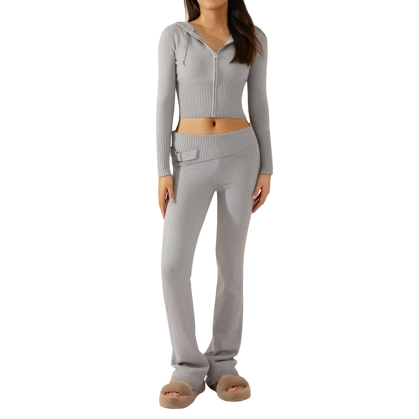 New Knitted Hooded Women's Fashion Sexy High-Waisted Long-Sleeved Trousers Two-Piece Set