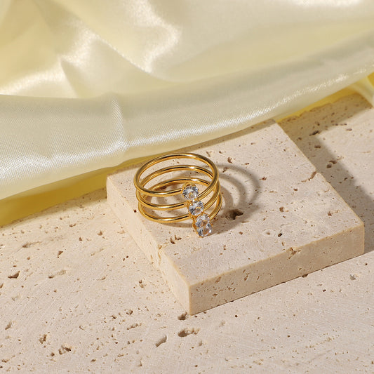 5pcs Same Side By Side White Zirconium 4 Diamond Opening Ring 18K Gold Plated Stainless Steel Ring Women's Jewelry