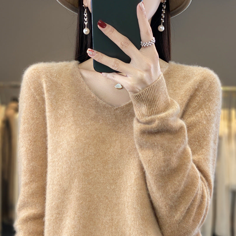 100 Pure Wool Knitwear Women's V-Neck Pullover Loose Base Shirt Autumn And Winter New Solid Color Sweater
