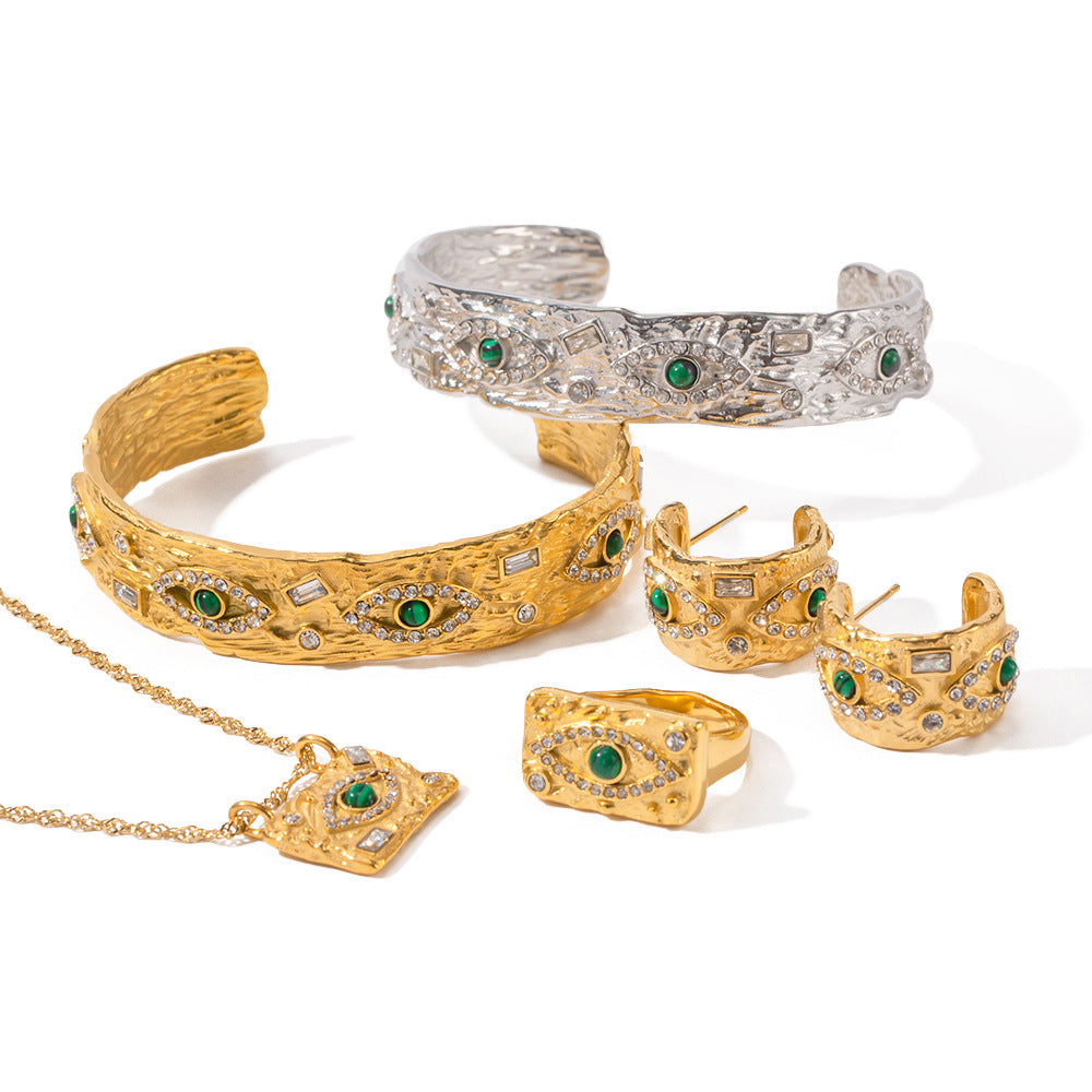 5pcs Women's 18K Gold Set Zircon Green Peacock Stone Lava Square Devil's Eye Square Ring