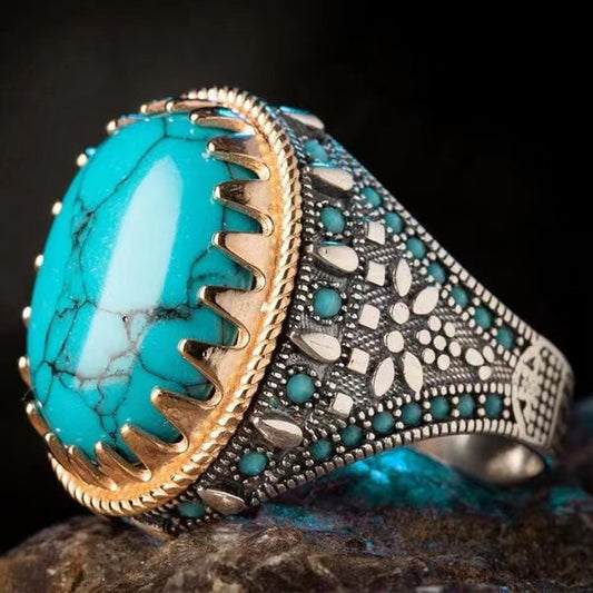 New Vintage Men's Electroplating Two-Color Inlaid Turquoise Ring Direct Sales