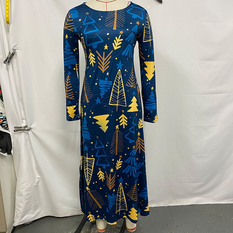 Hot Autumn Winter Long-Sleeved Christmas Casual Women's Dress Print Elegant Temperament