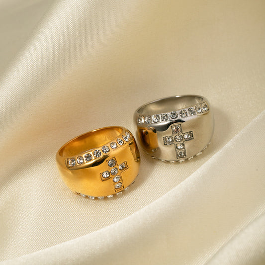 5pcs 18K Gold Stainless Steel Diamond Set Cross Ring No. 7 All-Match Stainless Steel Ring