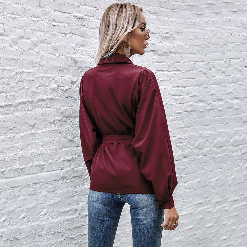 Retro Waist Slim-Fit Top Black Long Sleeve Lapel Solid Color Shirt Women's Wear