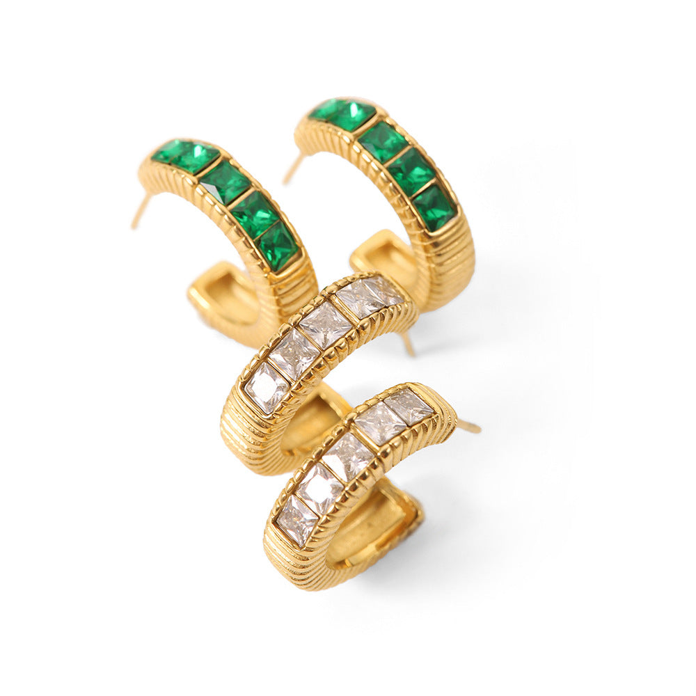 5pcs 18K Gold Stainless Steel Five Square Green Zircon Inlaid Thread C-Shaped Earrings Light Luxury Of All Matching Earrings