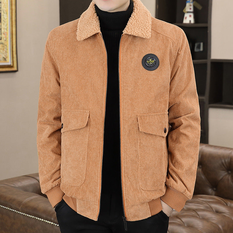 Corduroy Jacket Men's Winter Loose Baseball Uniform Lapel Clothing Plus Fleece Thickened Casual Cargo Jacket
