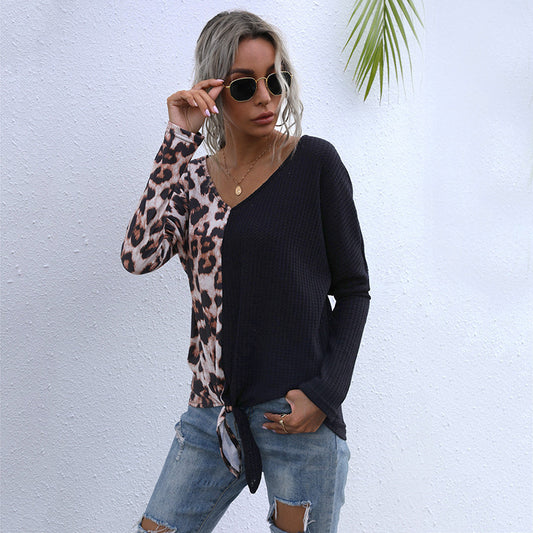 Casual Loose Top Female Splicing Leopard Print V-Neck Long-Sleeved Sweater