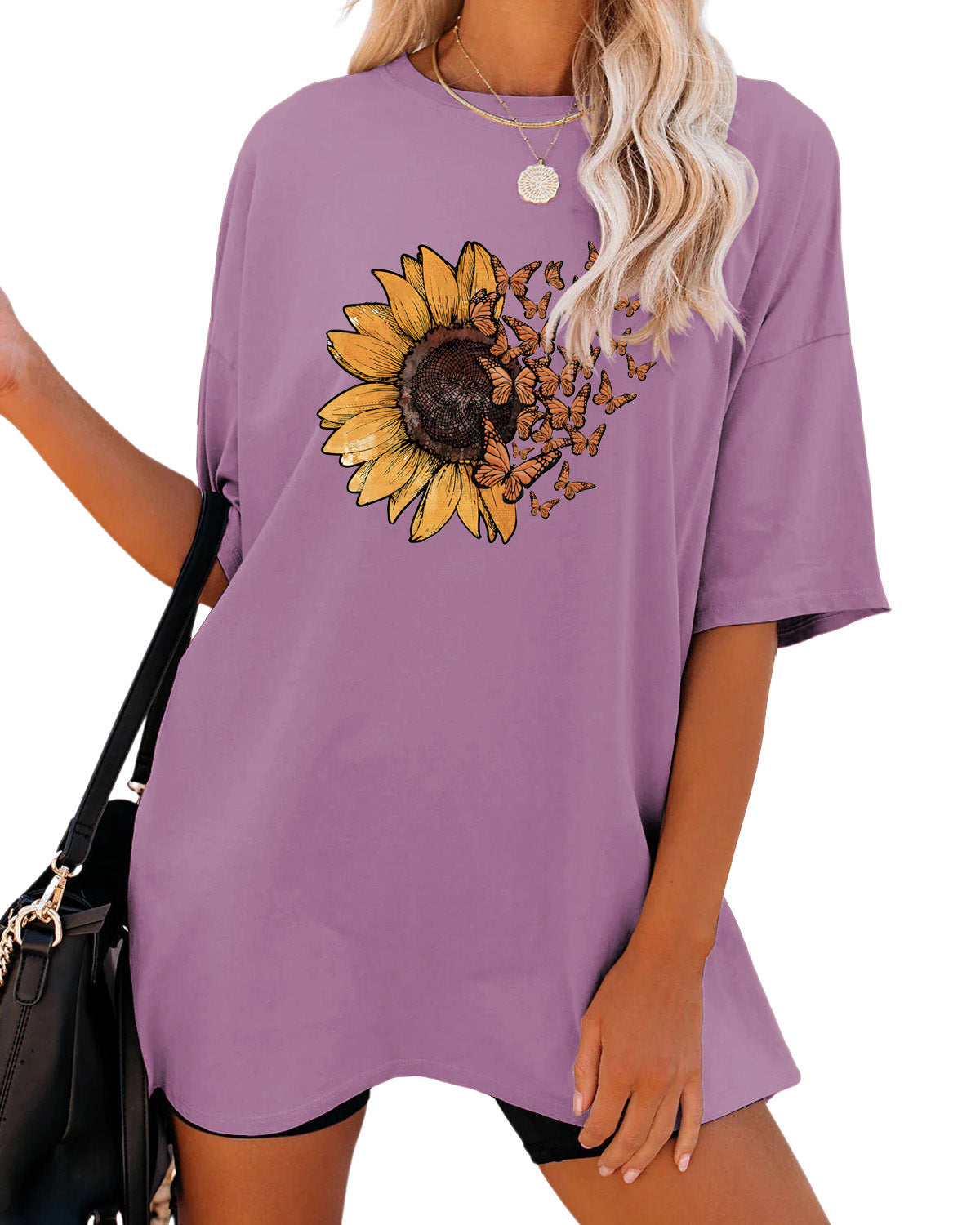 Casual Sunflower Print Loose T-Shirt Women's Round Neck Fashion Short Sleeve Shirt