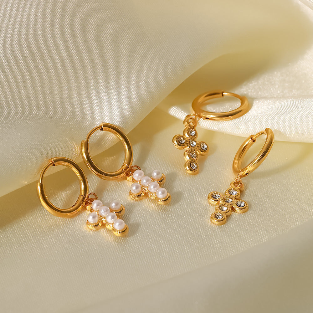 5pcs Stylish New All-Match Titanium Steel Earrings 18K Gold Stainless Steel Cross Pendant Earrings For Women Earrings