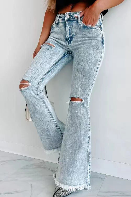 New Long Ripped Jeans Women's Bell-Bottoms Washed High-Waisted Trousers