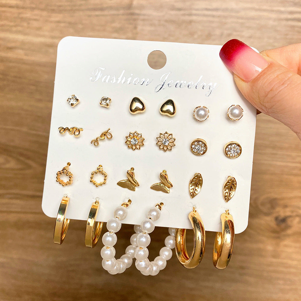 5 Sets New Pearl Earrings Set for Women Retro Metal Geometric C-Shaped 5 pairs Earrings