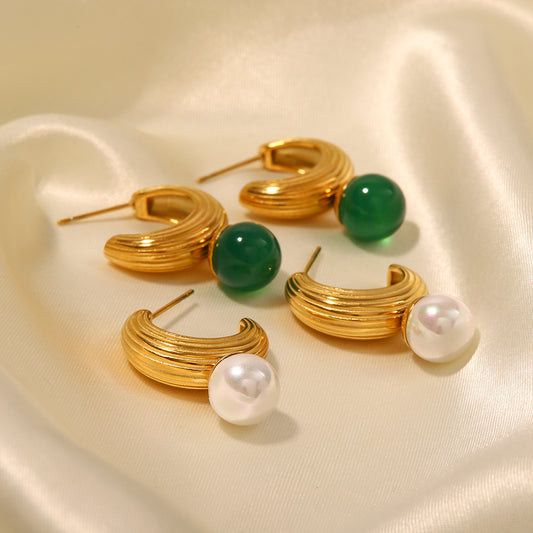 5pcs New 18K Gold Plated Vintage C-Thread Inlaid Pearl Stainless Steel Earrings All-Match Earrings