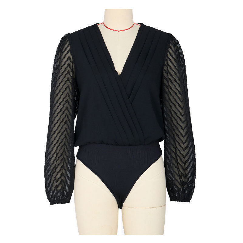 Spring Splicing Top Long Sleeve Mesh Commuter See-Through Pullover Blouse Woman