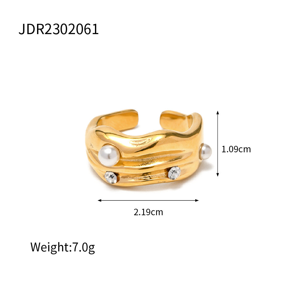 5pcs 18K Gold Plated C-Shaped Inlaid Pearl Open Ring Non-Faded All-Match Stainless Steel Ring
