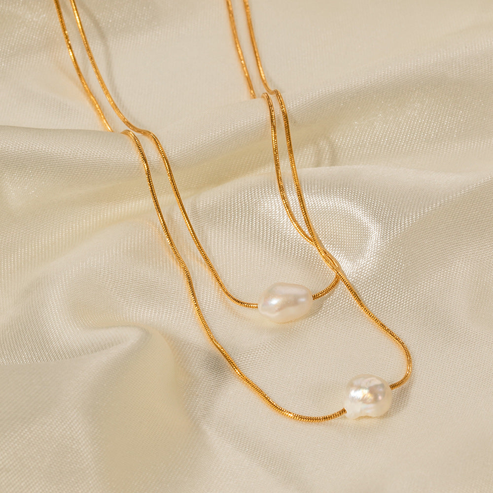 5pcs New Pearl Necklace 18K Gold Stainless Steel Inlaid Light Pearl Double-Layer Non-Fading Necklace