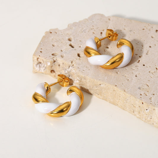 5pcs New Fashion Earrings For Women 18K Gold White Drop Oil Twist C Earrings Stainless Steel Earrings