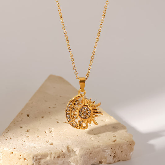 5pcs New Titanium Steel Necklace 18K Gold Plated Stainless Steel Set Diamond Too Bright God Moon Pendant Necklace Jewelry Women