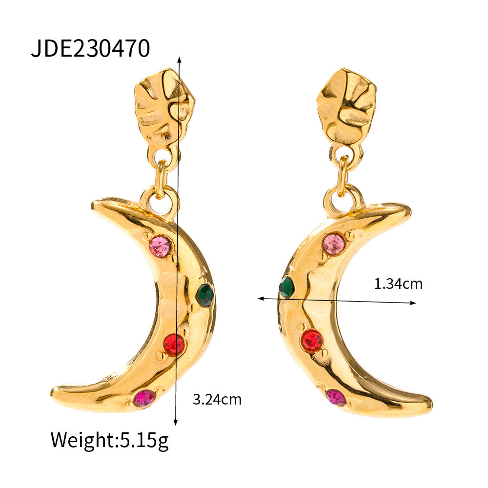 5pcs Hot Sale Of Earrings 16K Gold Stainless Steel Moon Pendant Color Zircon Earrings Jewelry Women