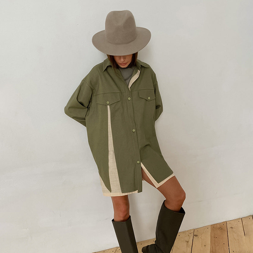 Fashion Long Sleeve Shirt Patchwork Color Contrast Niche Women's Retro Design Sense Shirt Dress Women's Wear