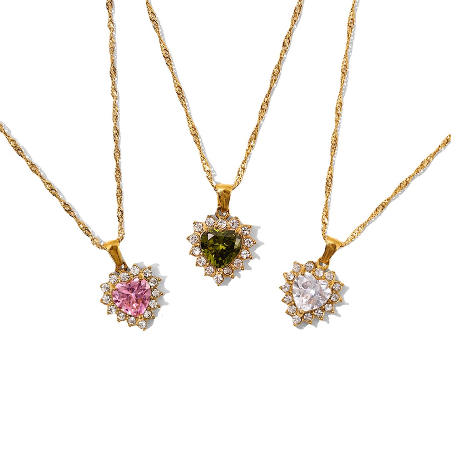 5pcs Women's Zircon Heart Necklace Stainless Steel Jewelry 18K Gold Chain Necklace Shiny Green // White Pendant Necklace