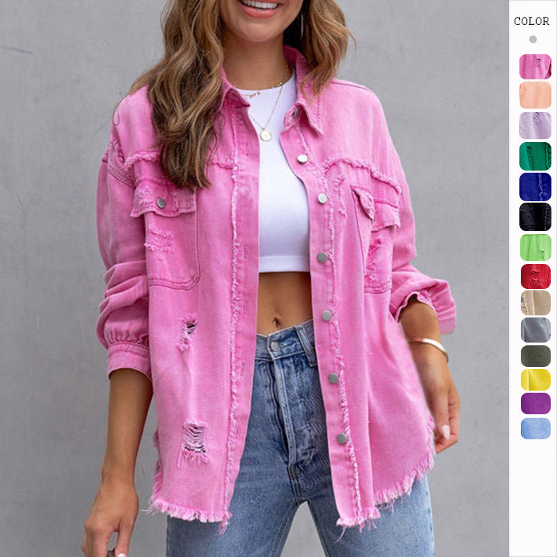 New Wind Long Rough Edge Hole Denim Coat Female Autumn And Winter Long Sleeve Casual Lapel Top