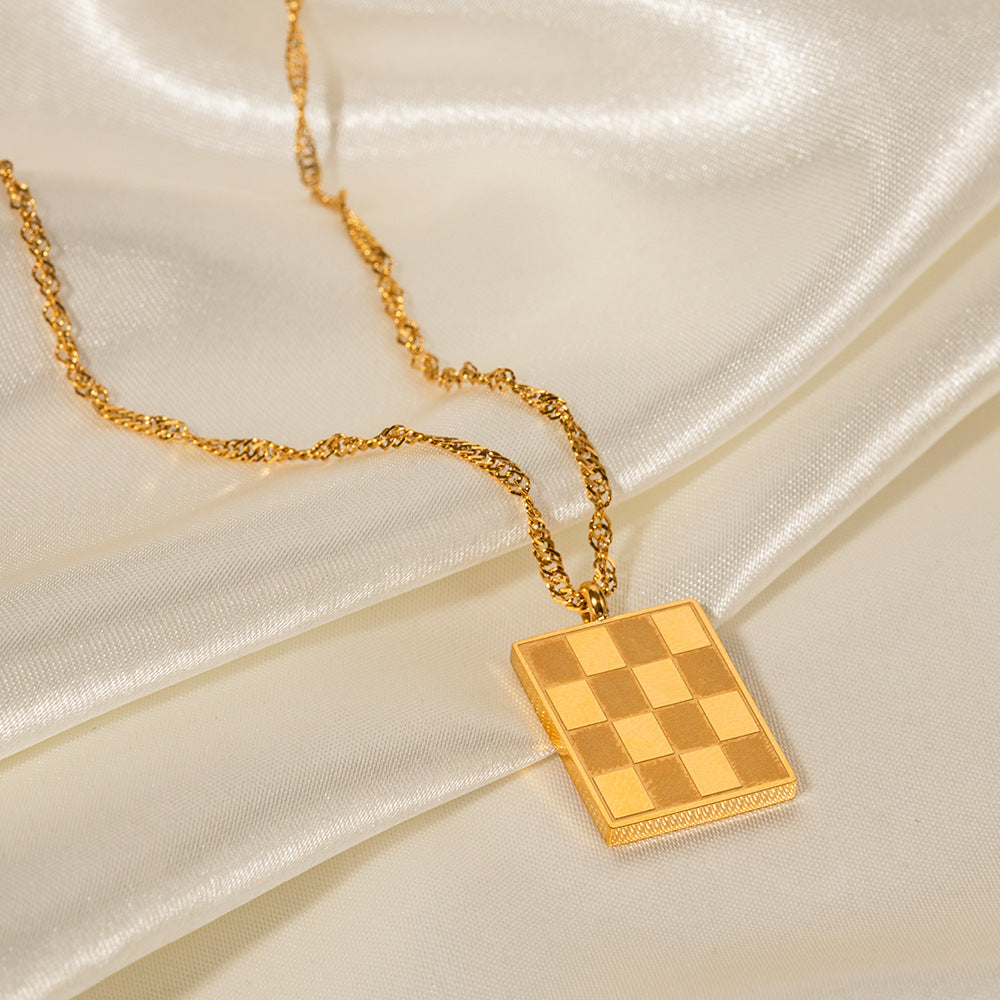 5pcs Vintage Square Checkerboard Pendant Necklace Stainless Steel Gold Plated Chain Simple Personality Style Necklace For Women