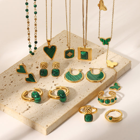 5pcs Retro Style Green Malachite Inlaid Necklace Earrings Ring Bracelet 18K Gold Stainless Steel Jewelry Women