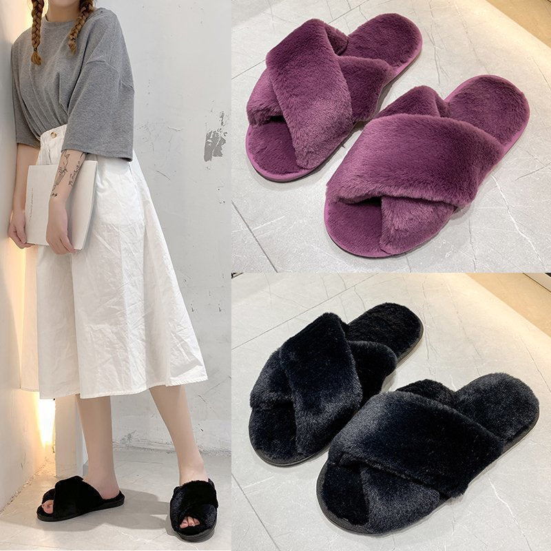 Autumn And Winter New Big Rabbit Velvet Cross-Belt Couple Floor Cotton Slippers Indoor Home Warm Non-Slip Plush Cotton Slippers