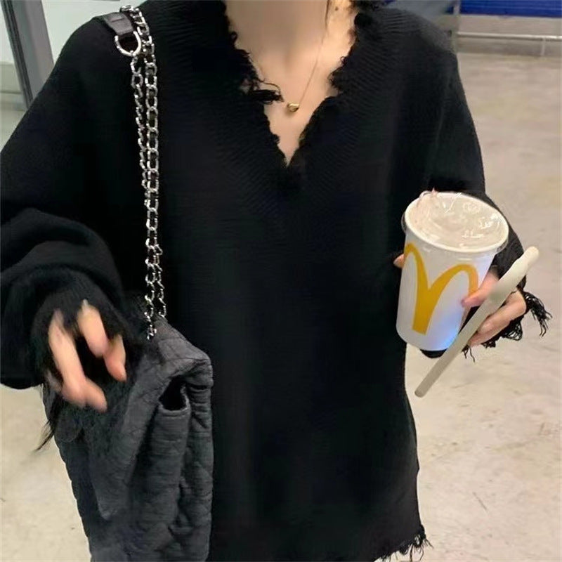 Autumn And Winter New V-Neck Sweater Women Loose Long-Sleeved Lazy Pullover Sweater Design Feeling Broken Sweater