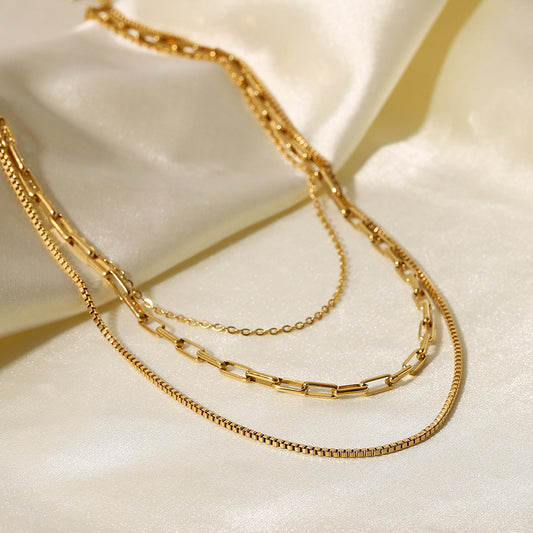 5pcs Vintage Style 18K Gold Plated Paper Clip Box Chain Stainless Steel Chain Titanium Steel Necklace Ring Triple Layer Necklace Jewelry
