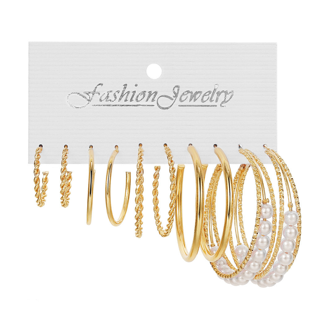 5 Sets Fashion New Love Earrings 5 pairs per Set Female Retro Metal Niche Pearl Jewelry