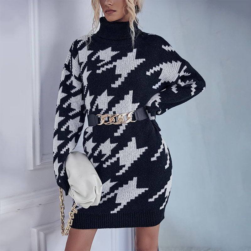 Women's Turtleneck Loose Long-Sleeved Thousand Bird Check Sweater Dress
