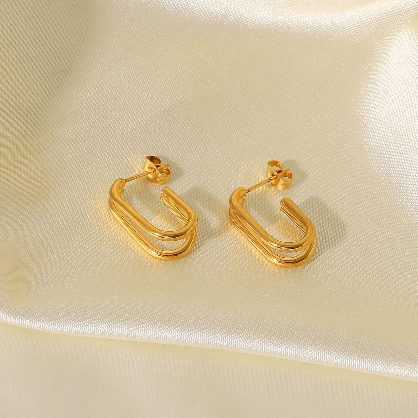 5pcs Same 18K Gold-Plated Stainless Steel Ring Earrings Titanium Steel Double Line Geometric Earrings For Women