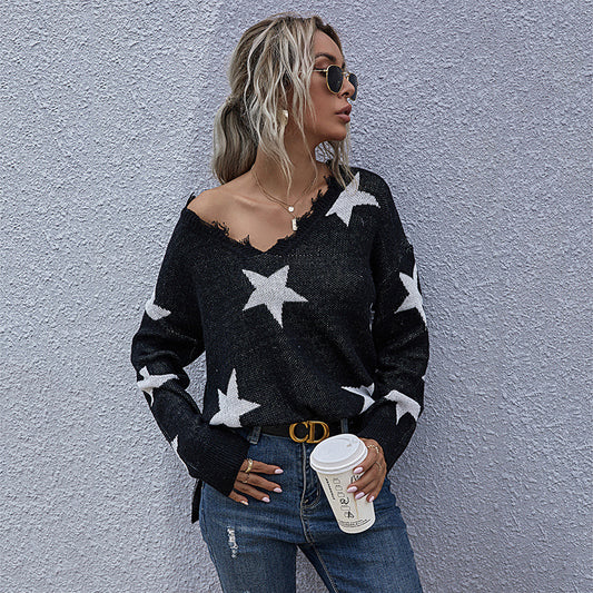 Autumn Long-Sleeved V-Neck Low-Neck Women's Knitted Bottom Sweater Sweater Woman