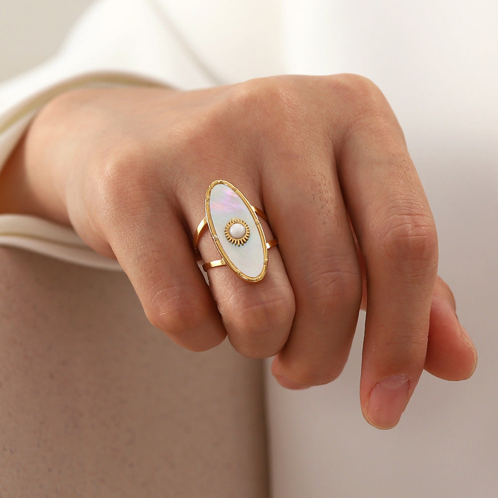 5pcs Vintage Style Niche Design Fritillion Ring 18K Gold Stainless Steel Oval Set Pearl Ring Opening Can Be