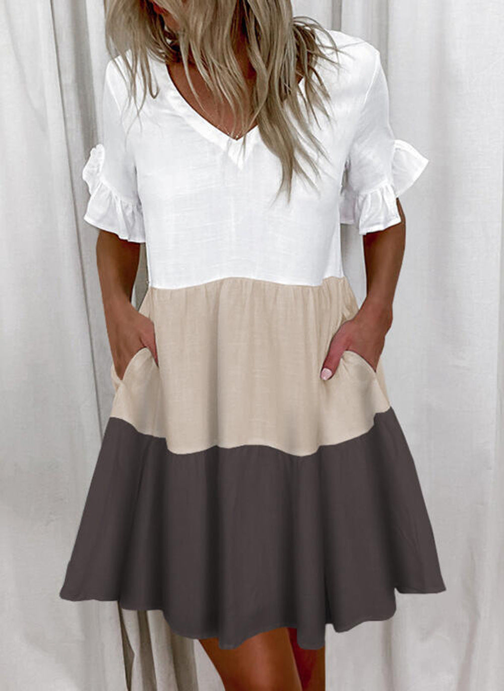 Women's Dress New Skirt Fashion Print Ruffled Pocket Short Female Dress A Hair