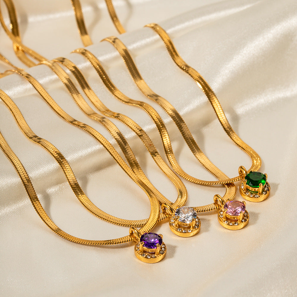 5pcs 18K Gold Stainless Steel Round Zircon Double Layer Stereo Pendant Flat Snake Chain Pendant Necklace For Ladies