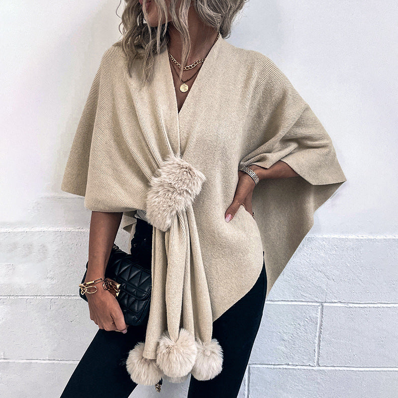 Drizzle Solid Color Fur Ball Cloak Sweater For Women New Autumn And Winter New Women Shawl Knitted Cardigan