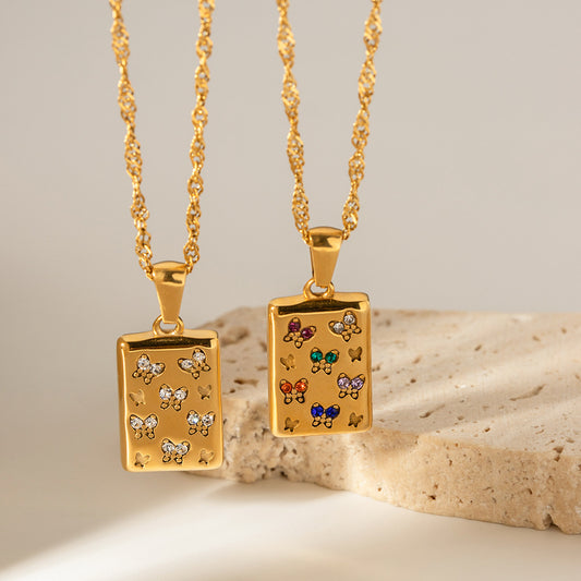 5pcs 18K Gold Stainless Steel Necklace Vintage Collar Fashion Style Square Butterfly Pendant Necklace With White Diamond