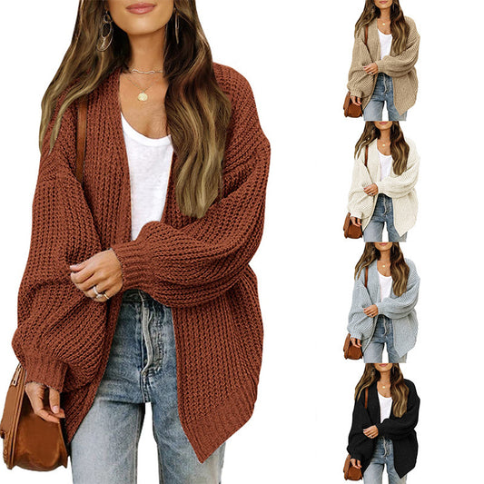 Women's New Autumn And Winter New Lantern Sleeve Sweater Women's Coat Coarse Pocket Knitted Cardigan