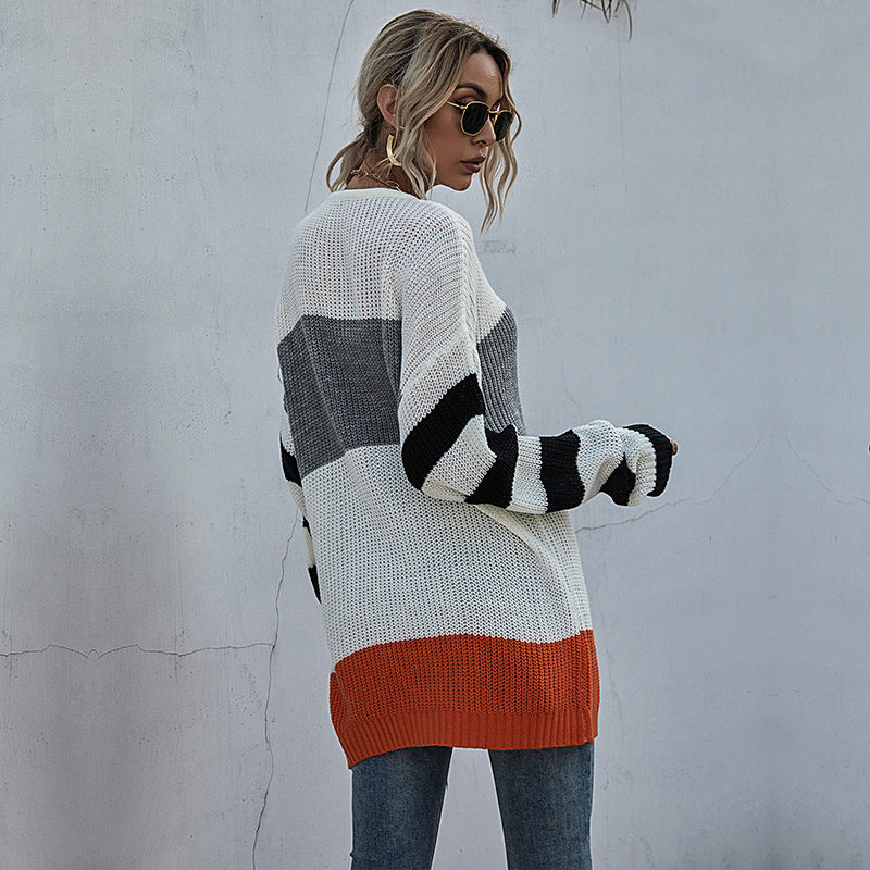 Fashion Women's Autumn Casual Long-Sleeved Matching Color Sweater Women's Medium Length
