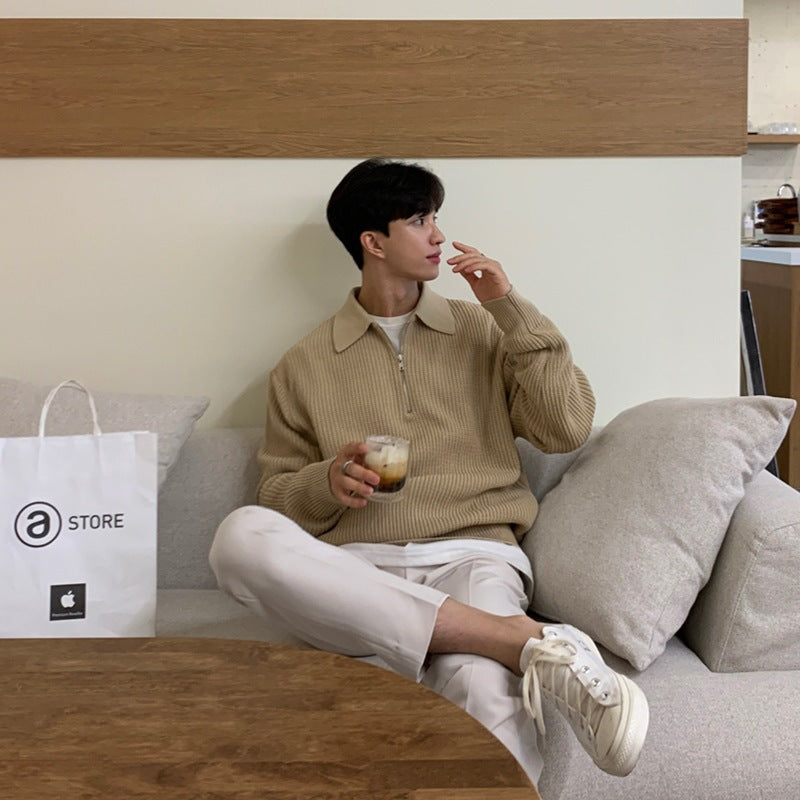 Polo Neck Sweater Men's Winter Thickened Loose Half Zip Knit Autumn And Winter Lazy Day Vintage Fashion Coat
