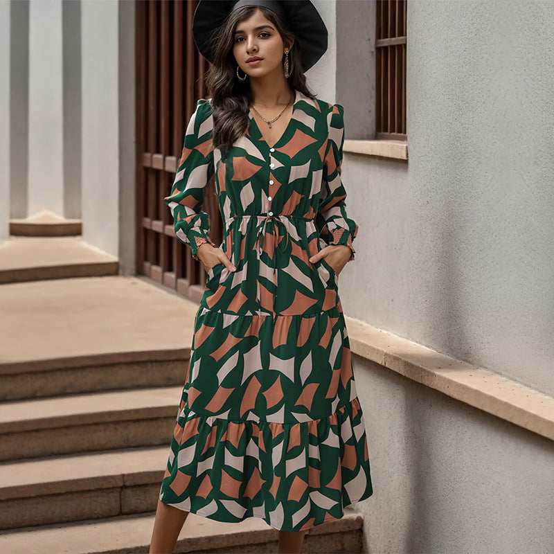 New Temperament V-Neck Ruffled Dress To Button-Up Long Skirt Geometric Pattern Matching Female Skirt